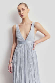 Pleated Chiffon Plunging V Neck Gown - Frost