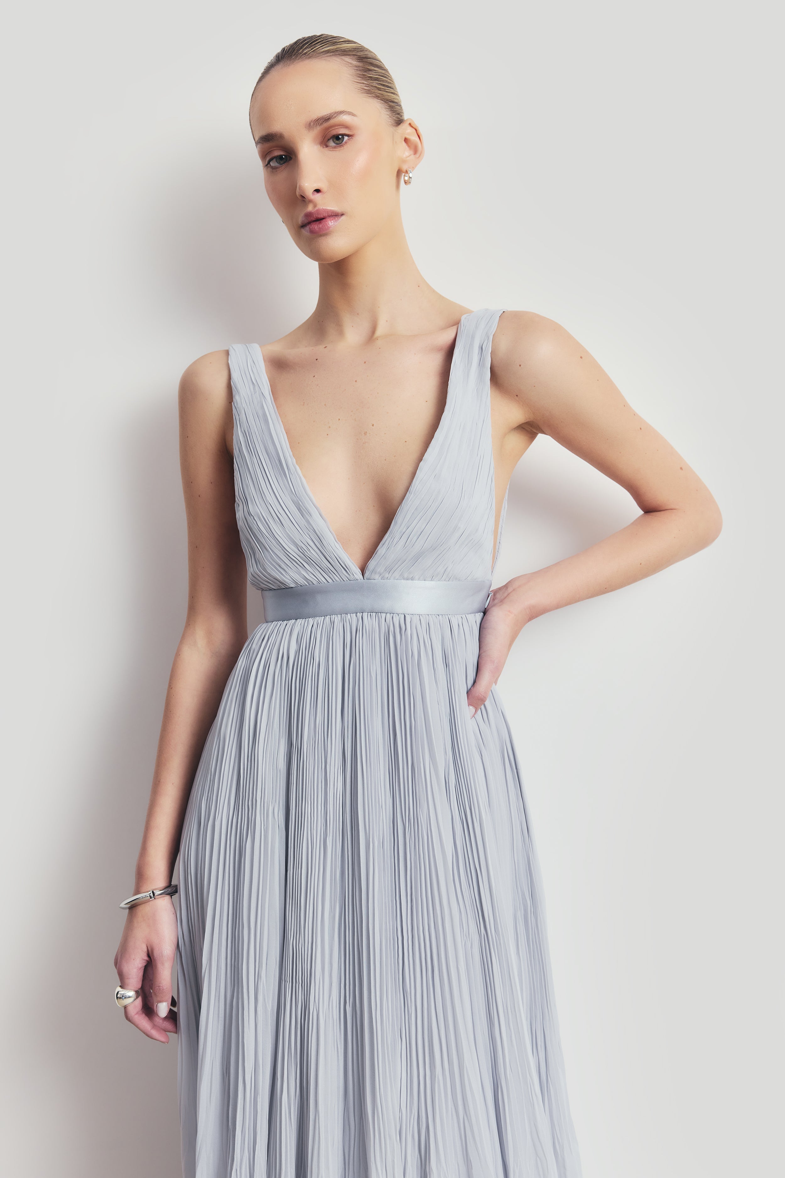 Pleated Chiffon Plunging V Neck Gown - Frost