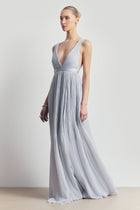Pleated Chiffon Plunging V Neck Gown - Frost