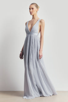 Pleated Chiffon Plunging V Neck Gown - Frost
