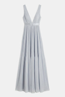 Pleated Chiffon Plunging V Neck Gown - Frost