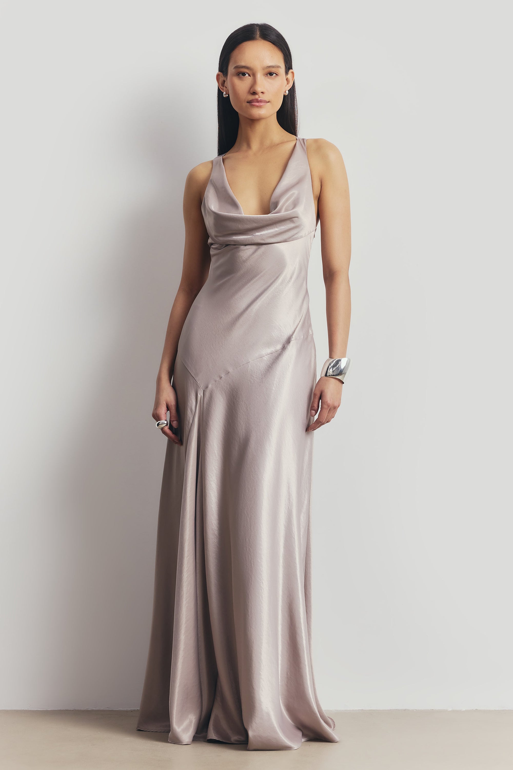 High Gloss Satin Asymmetric Panel Gown - Pebble