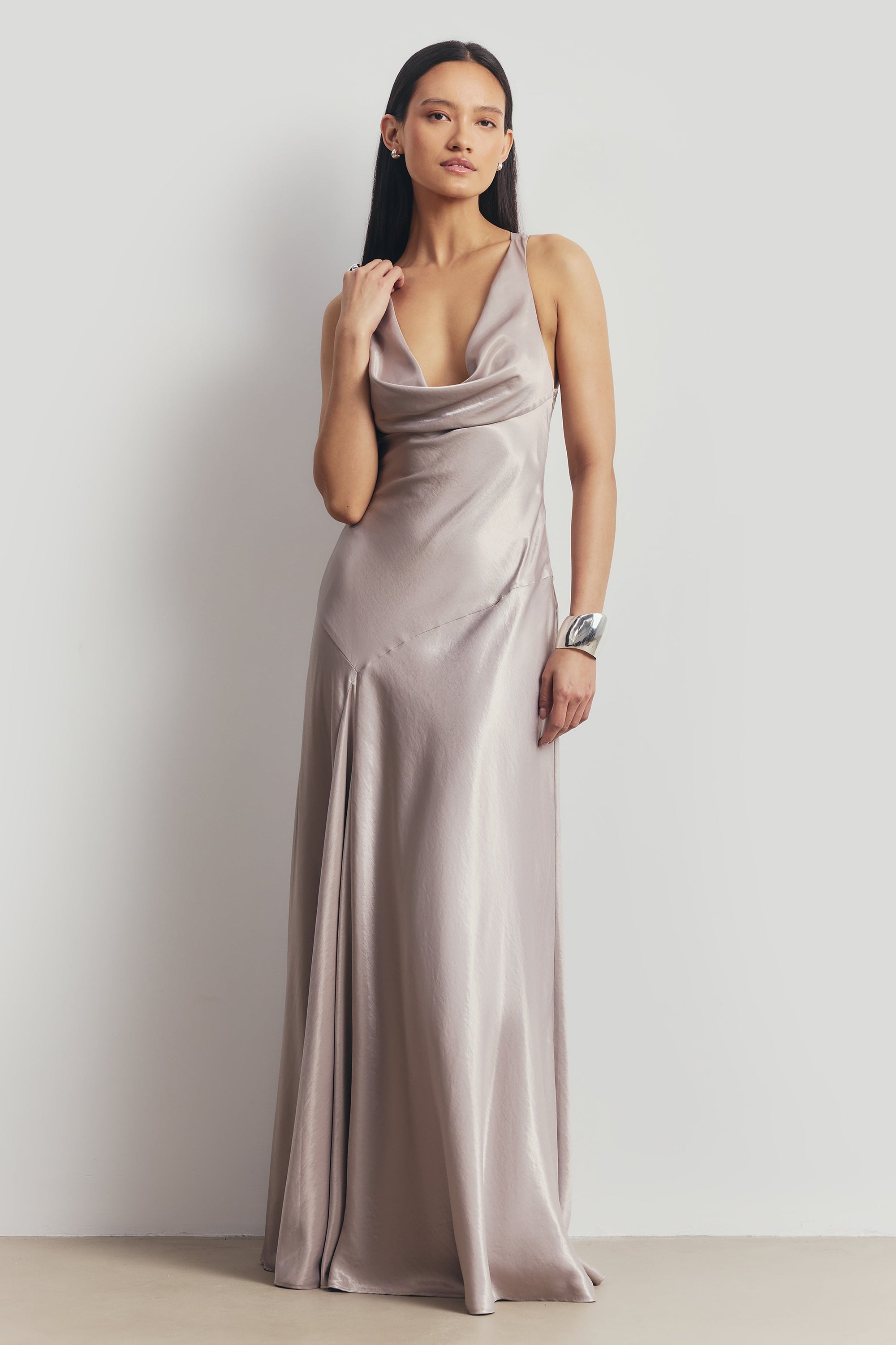 High Gloss Satin Asymmetric Panel Gown - Pebble