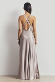 High Gloss Satin Asymmetric Panel Gown - Pebble