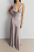 High Gloss Satin Asymmetric Panel Gown - Pebble