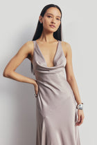 High Gloss Satin Asymmetric Panel Gown - Pebble