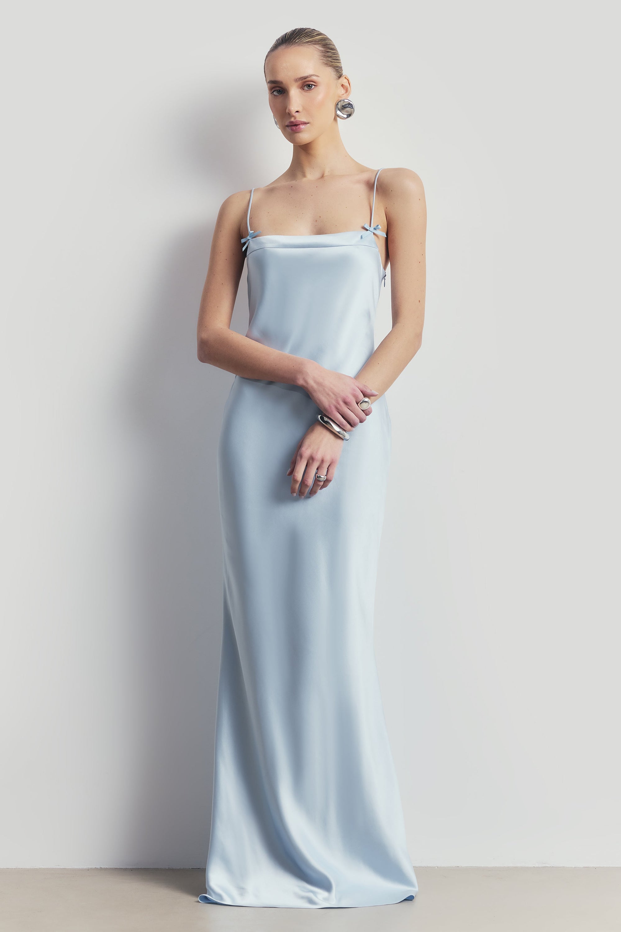 Satin 90's Slip Dress with Bow Detail - Powder Blue