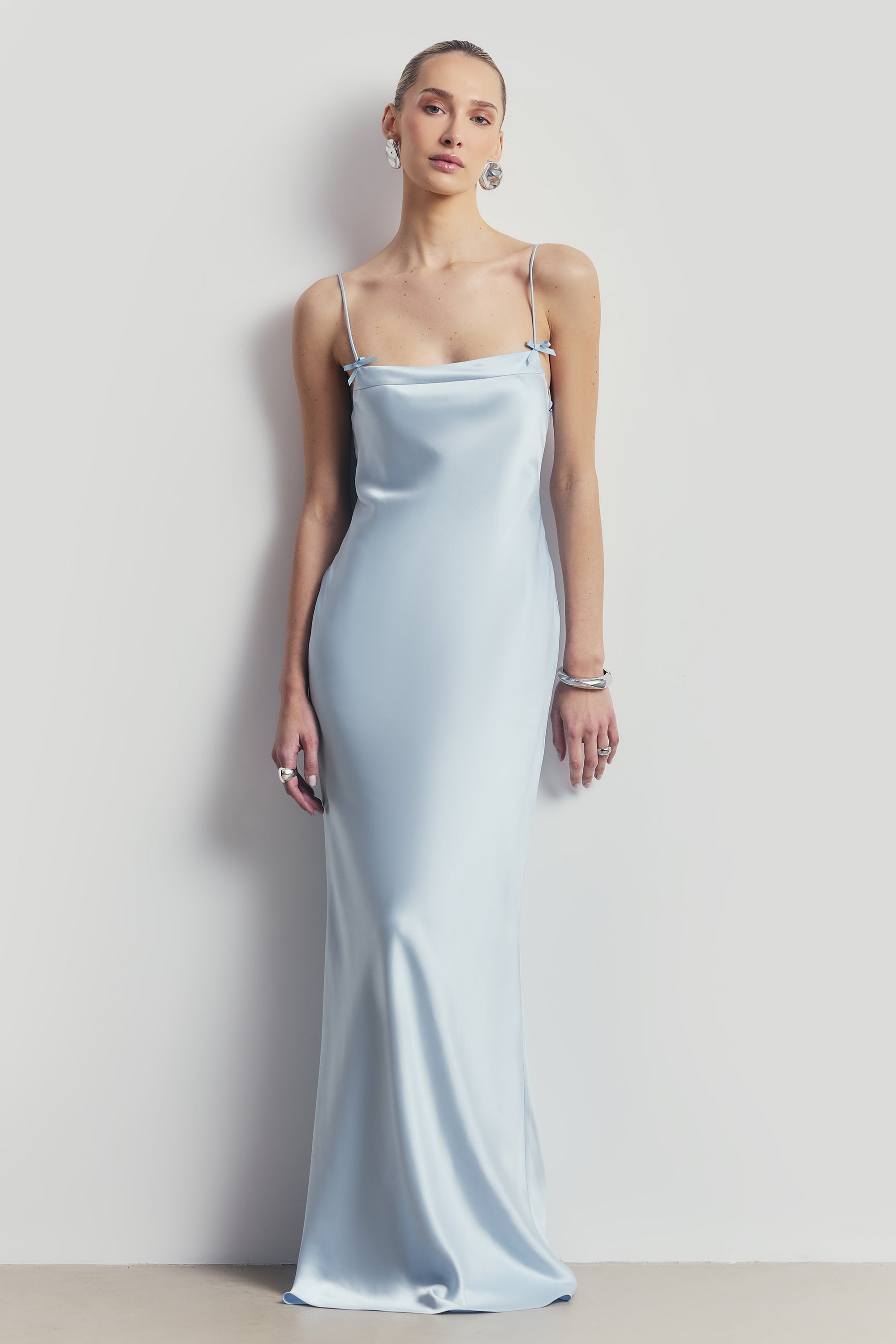 Satin 90's Slip Dress with Bow Detail - Powder Blue