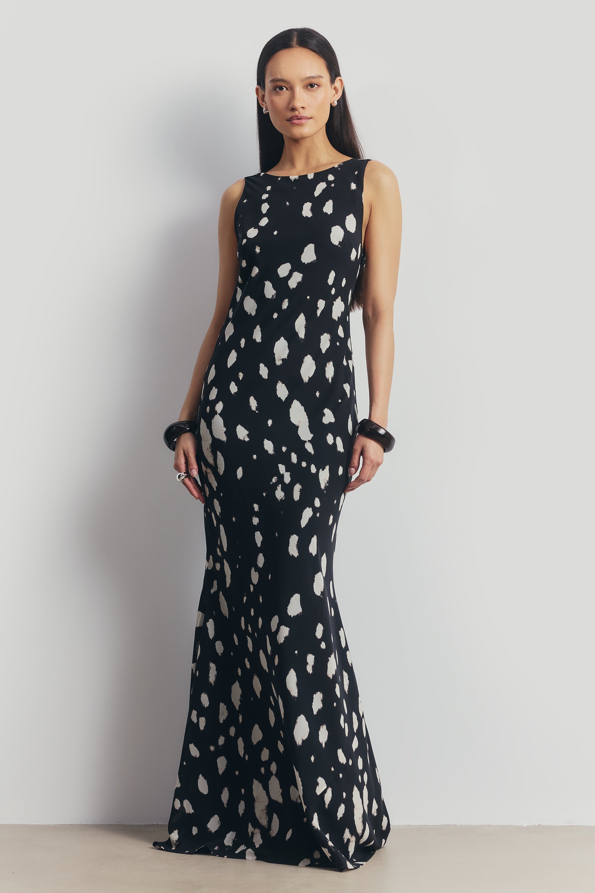 Chiffon Backless Cowl Maxi Dress - Abstract Dot
