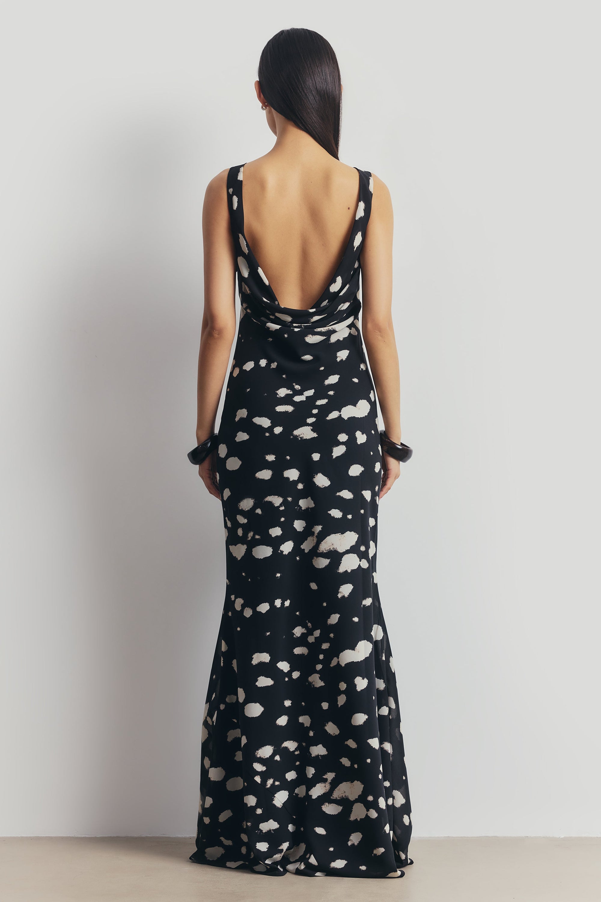 Chiffon Backless Cowl Maxi Dress - Abstract Dot