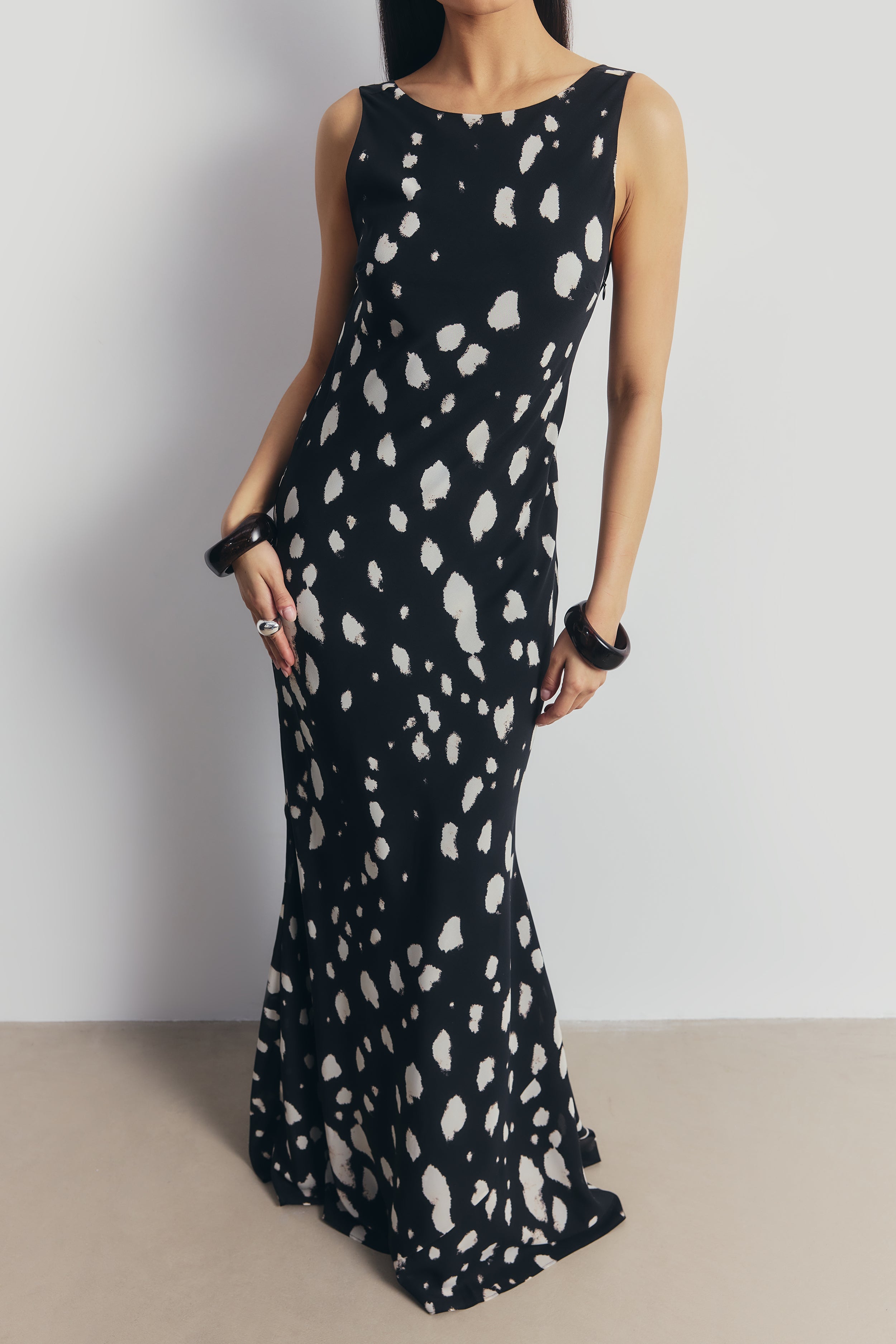 Chiffon Backless Cowl Maxi Dress - Abstract Dot