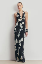 Chiffon Plunging Cowl Neck Maxi Dress - Abstract Pebble