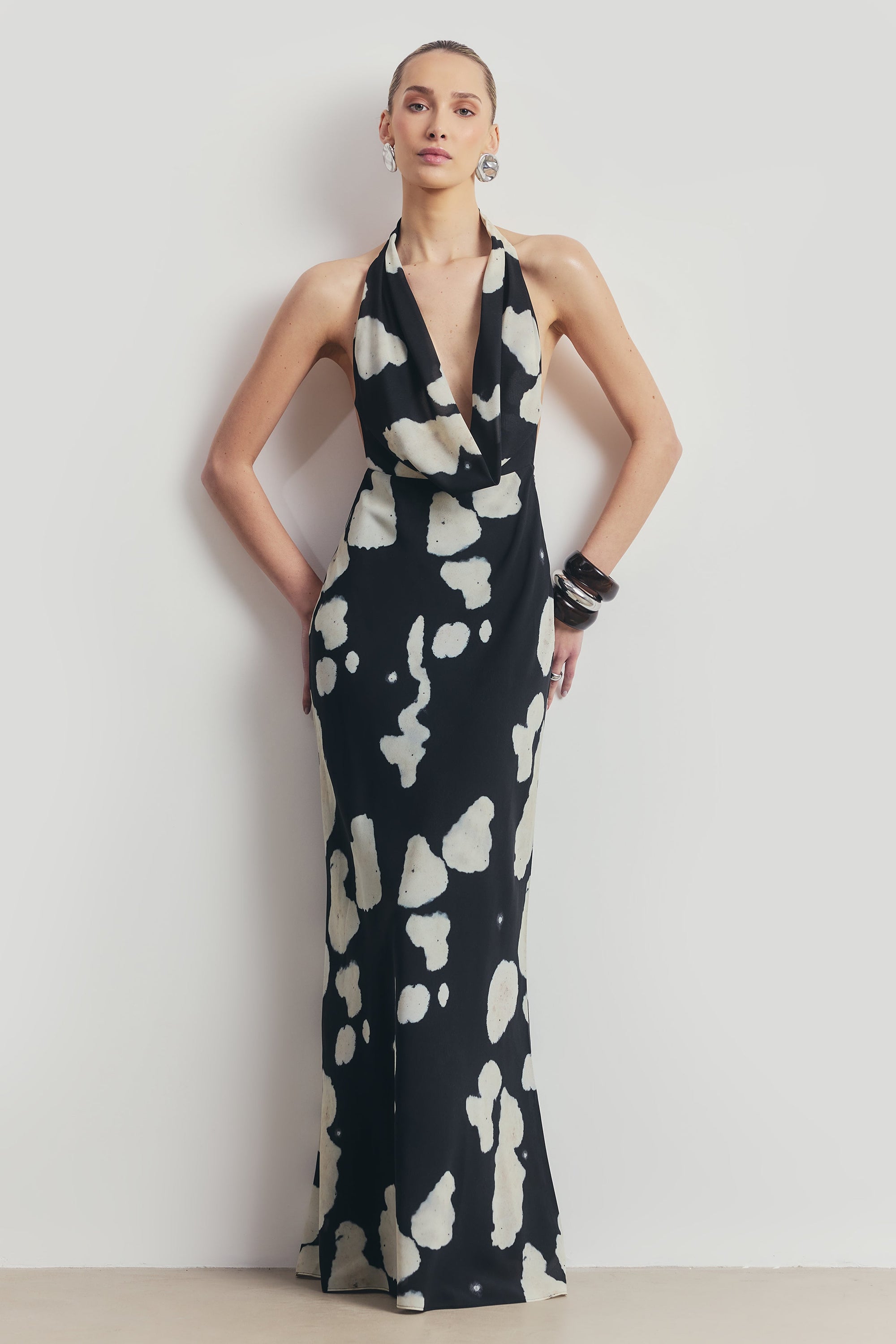 Chiffon Plunging Cowl Neck Maxi Dress - Abstract Pebble