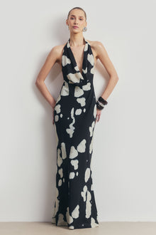 Chiffon Plunging Cowl Neck Maxi Dress - Abstract Pebble