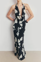 Chiffon Plunging Cowl Neck Maxi Dress - Abstract Pebble