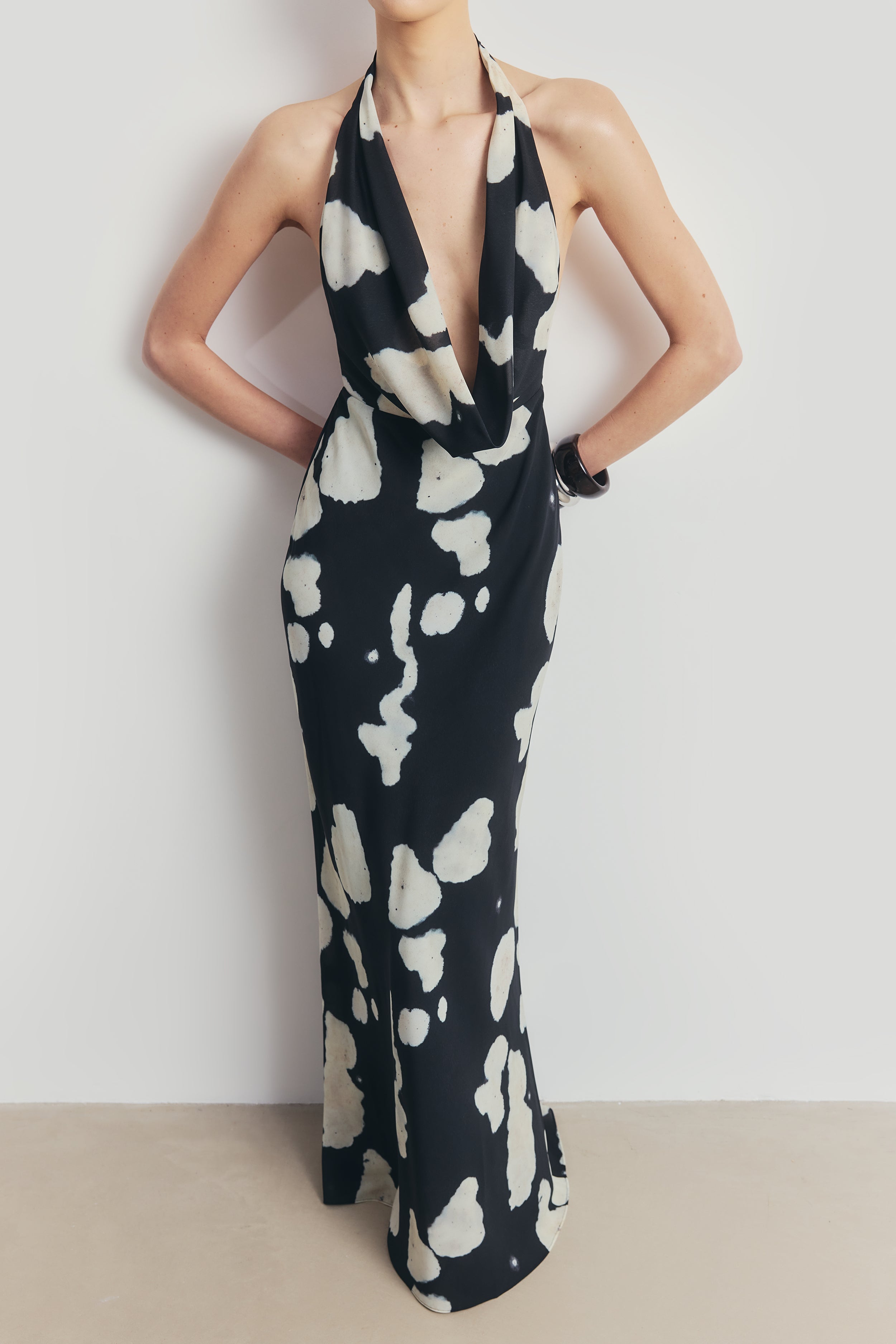 Chiffon Plunging Cowl Neck Maxi Dress - Abstract Pebble