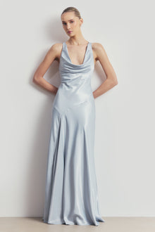 High Gloss Satin Asymmetric Panel Gown - Frost