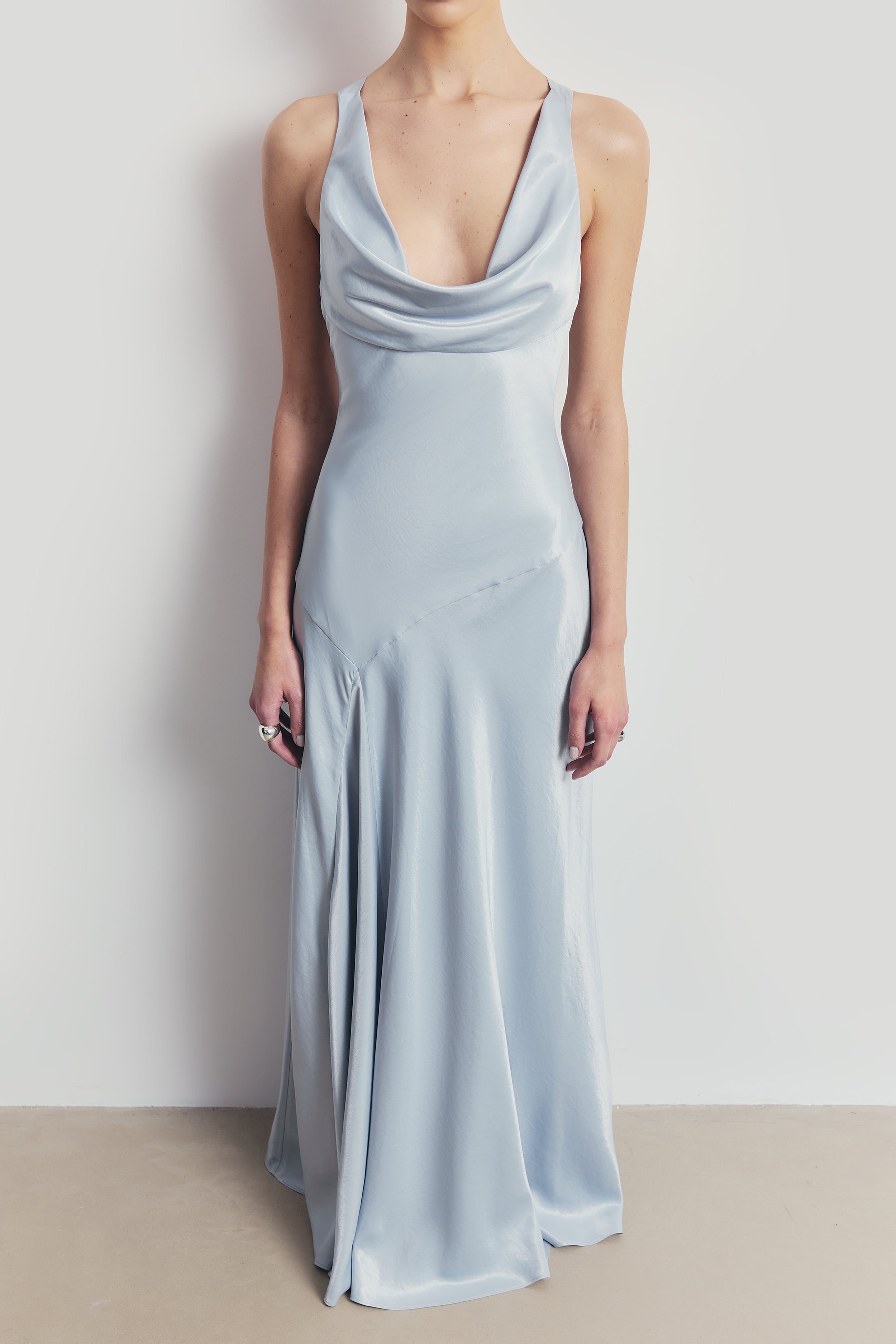 High Gloss Satin Asymmetric Panel Gown - Frost