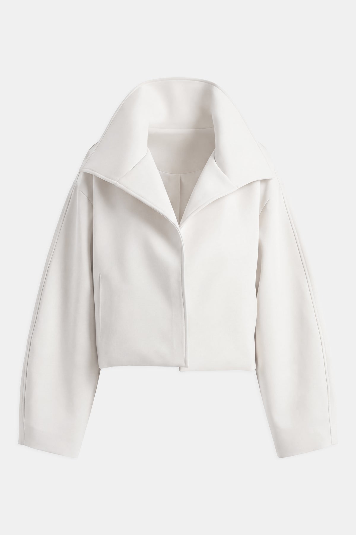 Cropped Funnel Neck Open Jacket - White