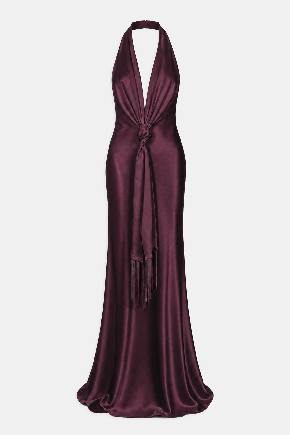 Plunging Knot Detail Gown with Fringing - Mulberry