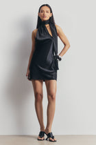 Satin Halterneck Scarf Mini Dress with Tassel - Black