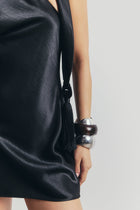 Satin Halterneck Scarf Mini Dress with Tassel - Black