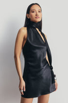 Satin Halterneck Scarf Mini Dress with Tassel - Black