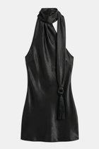 Satin Halterneck Scarf Mini Dress with Tassel - Black