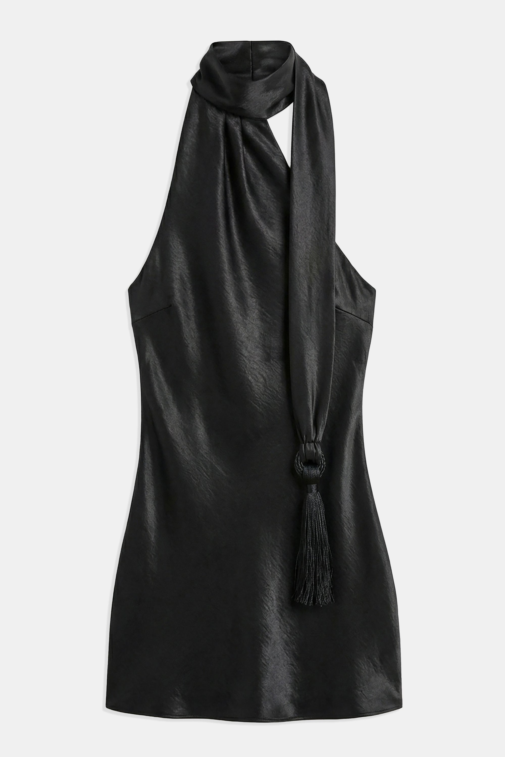 Satin Halterneck Scarf Mini Dress with Tassel - Black