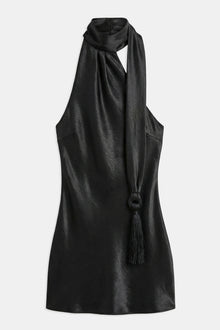 Satin Halterneck Scarf Mini Dress with Tassel - Black