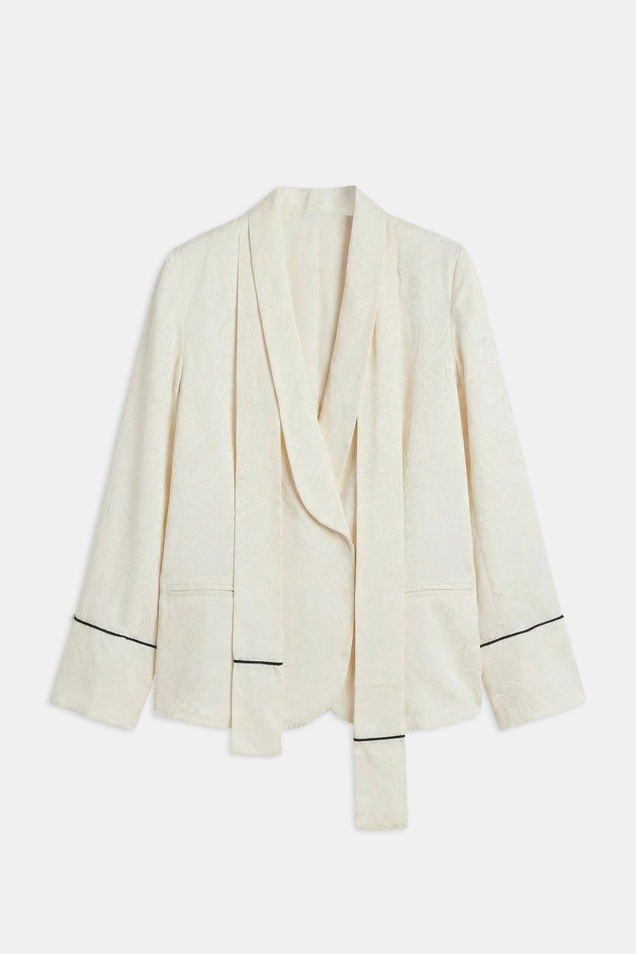 Shawl Collar Jacquard Blazer with Scarf - Cream