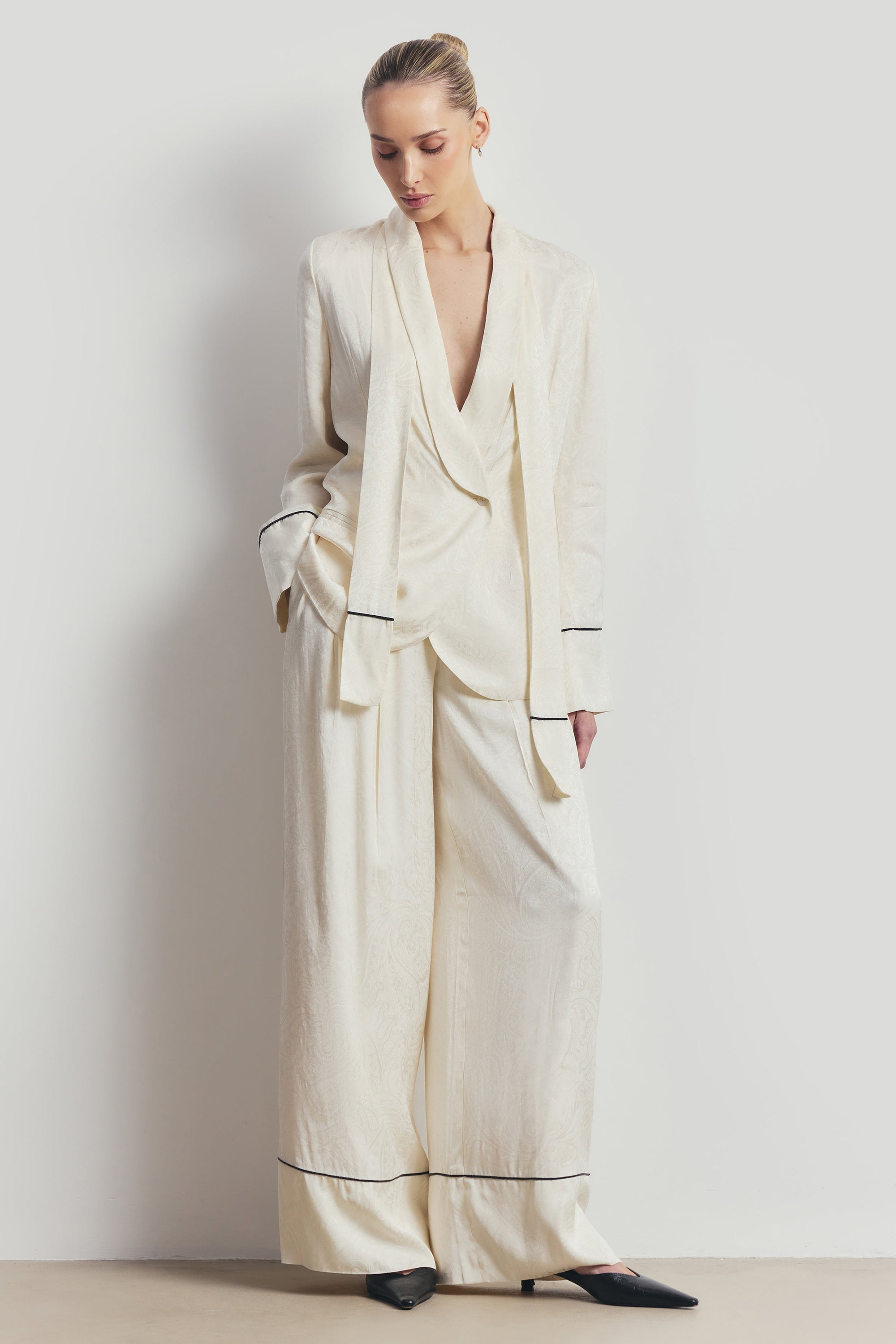 Shawl Collar Jacquard Blazer with Scarf - Cream