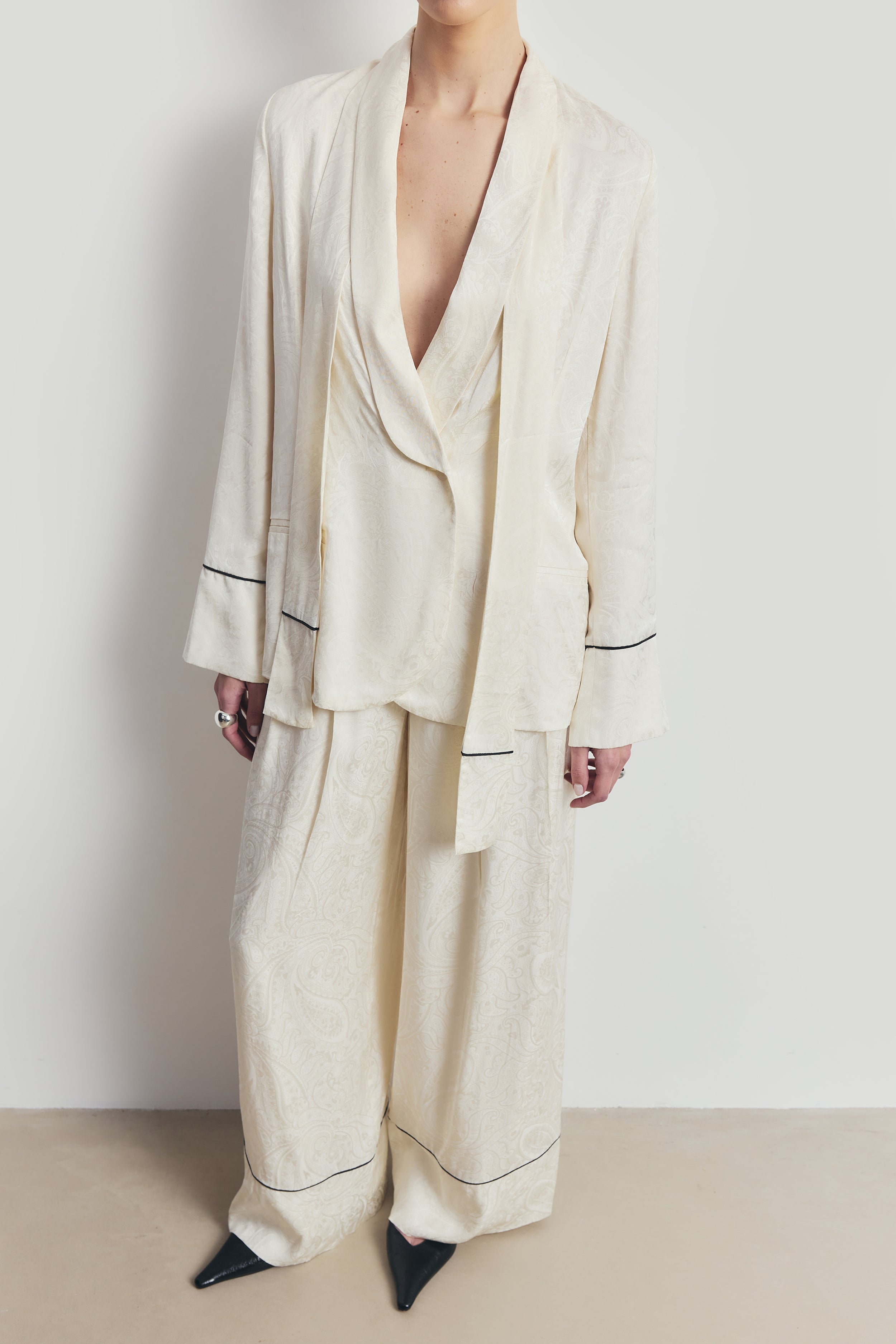 Shawl Collar Jacquard Blazer with Scarf - Cream