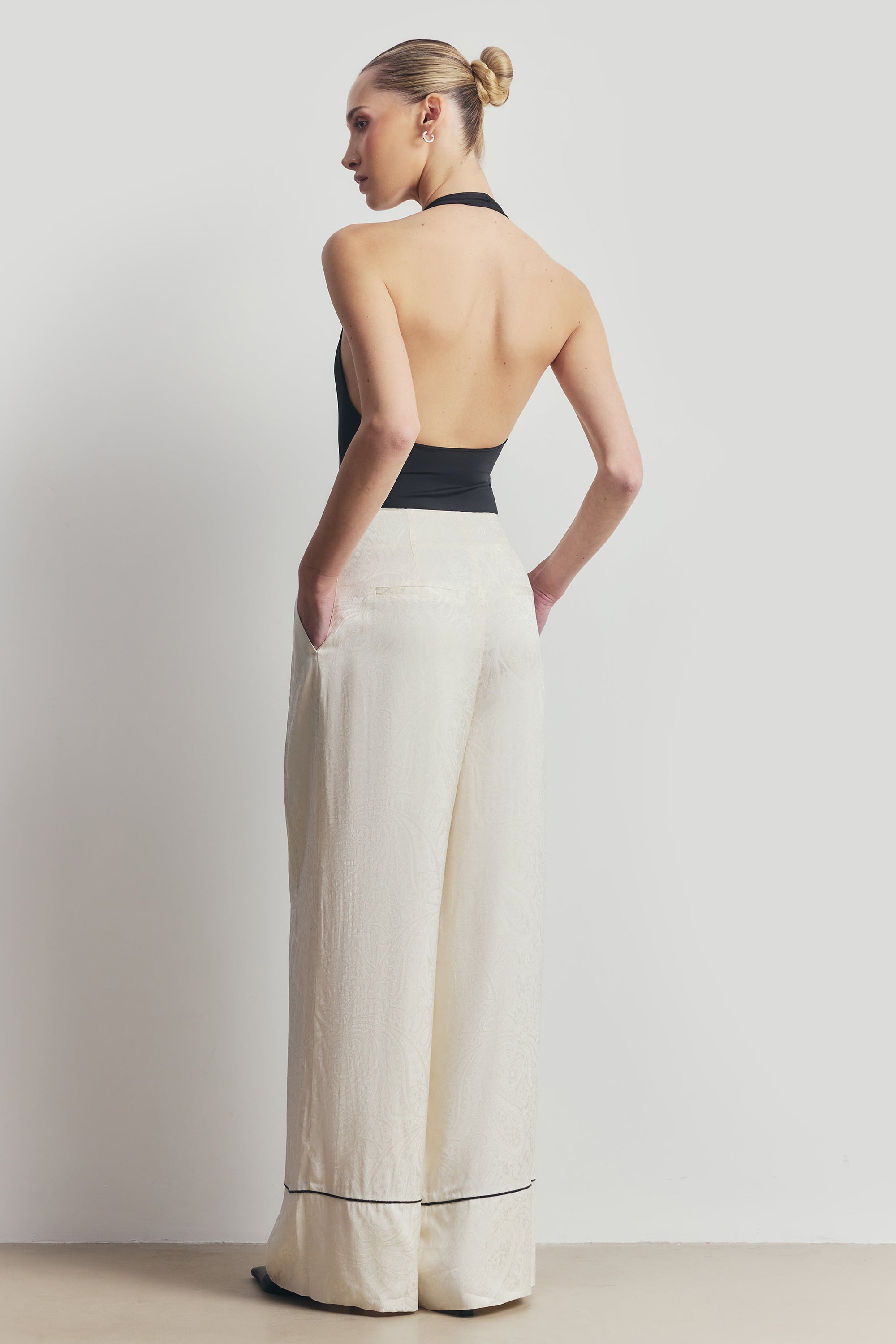 Pleated Jacquard Wide Leg Trousers - Cream