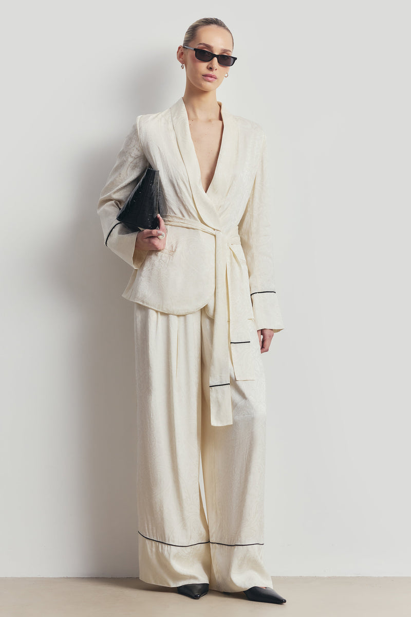 Pleated Jacquard Wide Leg Trousers - Cream