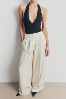 Pleated Jacquard Wide Leg Trousers - Cream