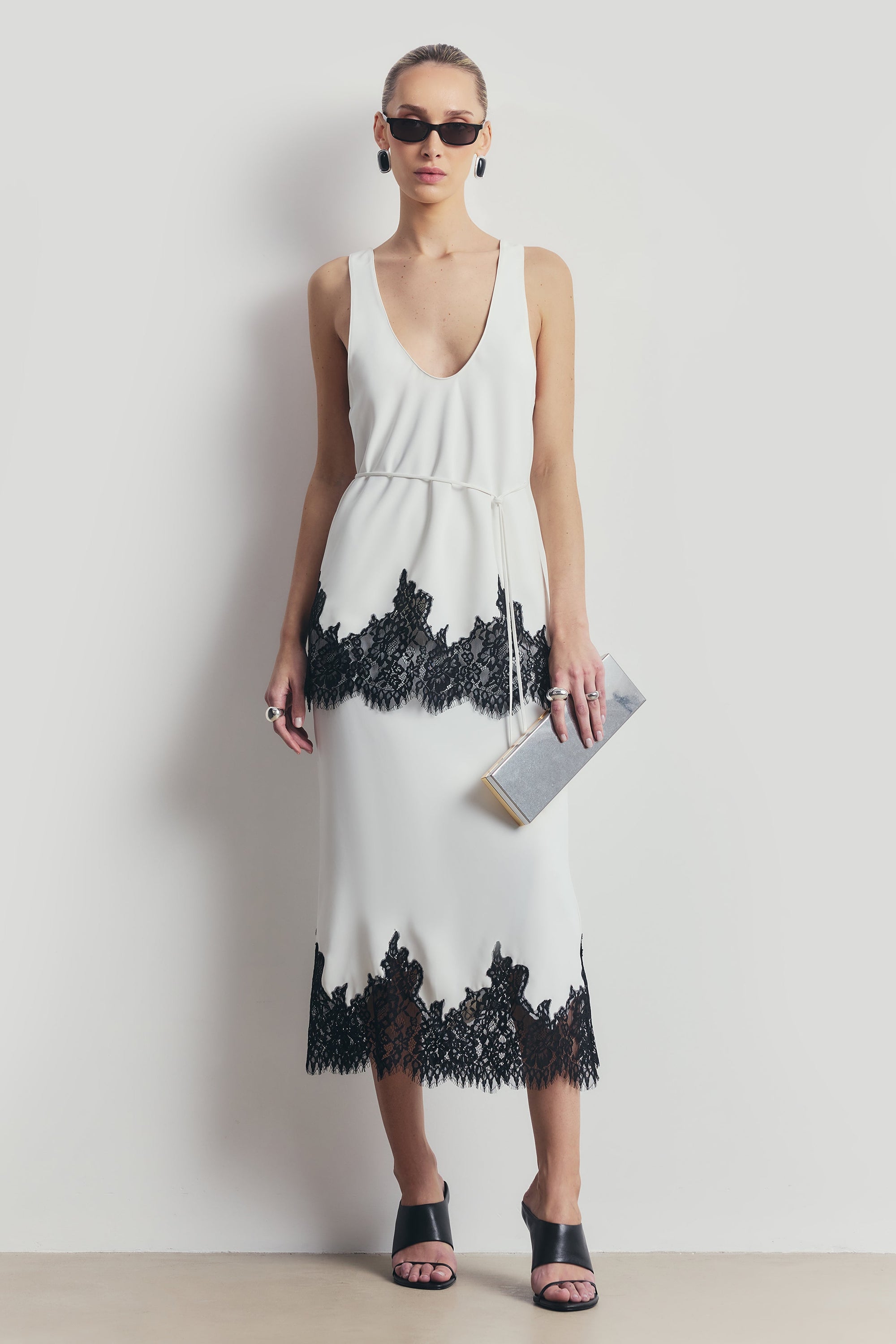 Lace Hem Column Maxi Skirt - White