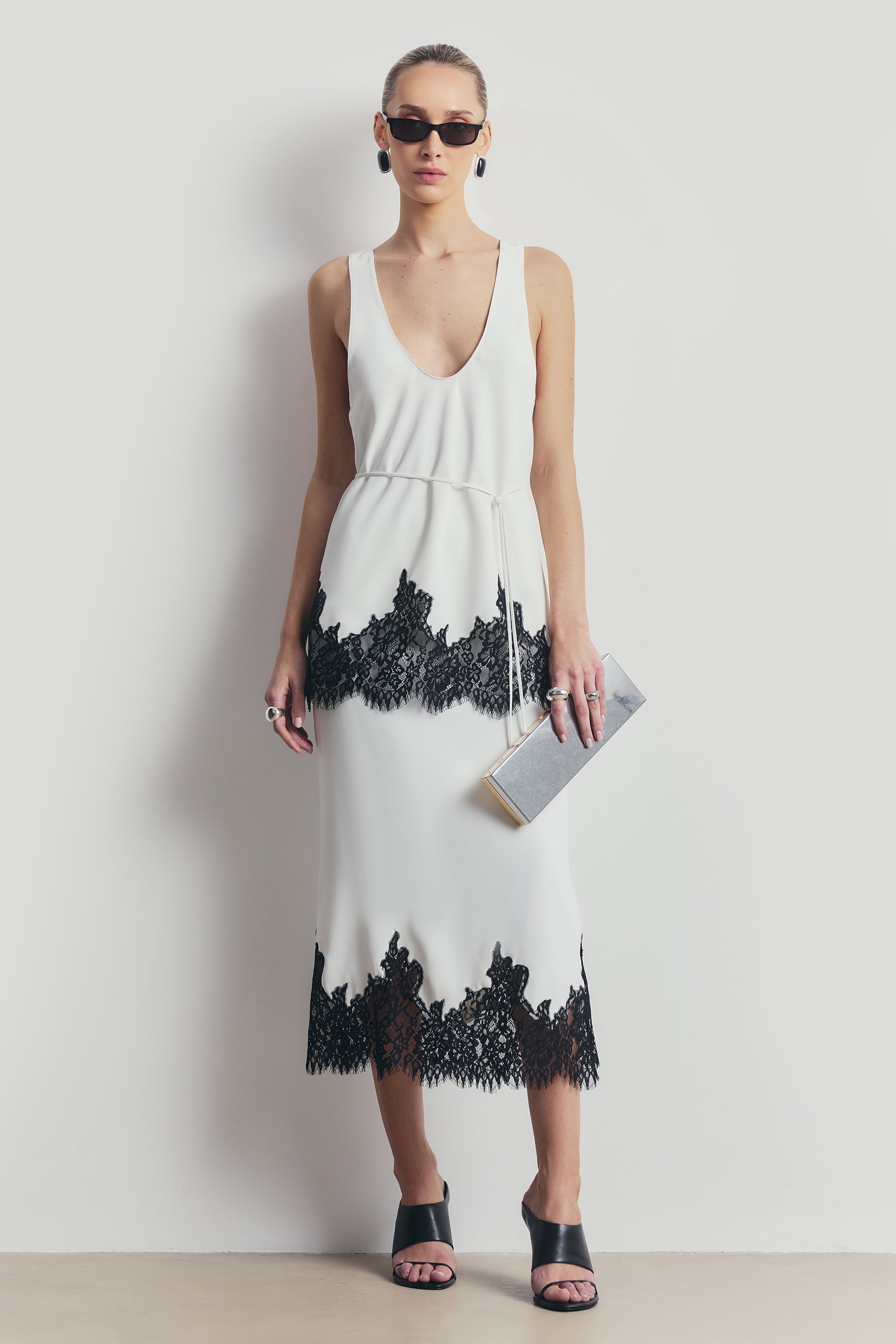 Lace Hem Column Maxi Skirt - White
