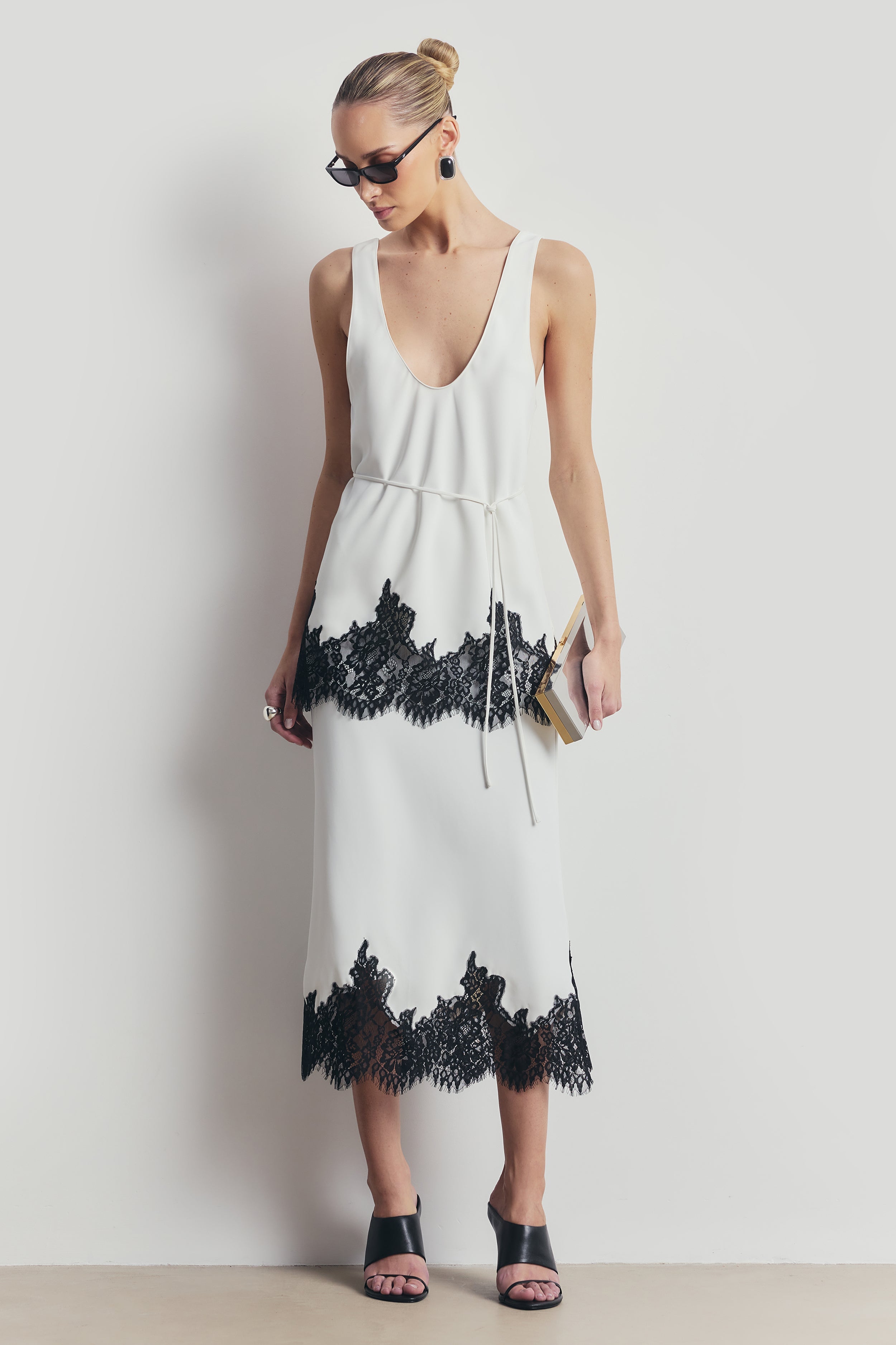 Lace Hem Column Maxi Skirt - White