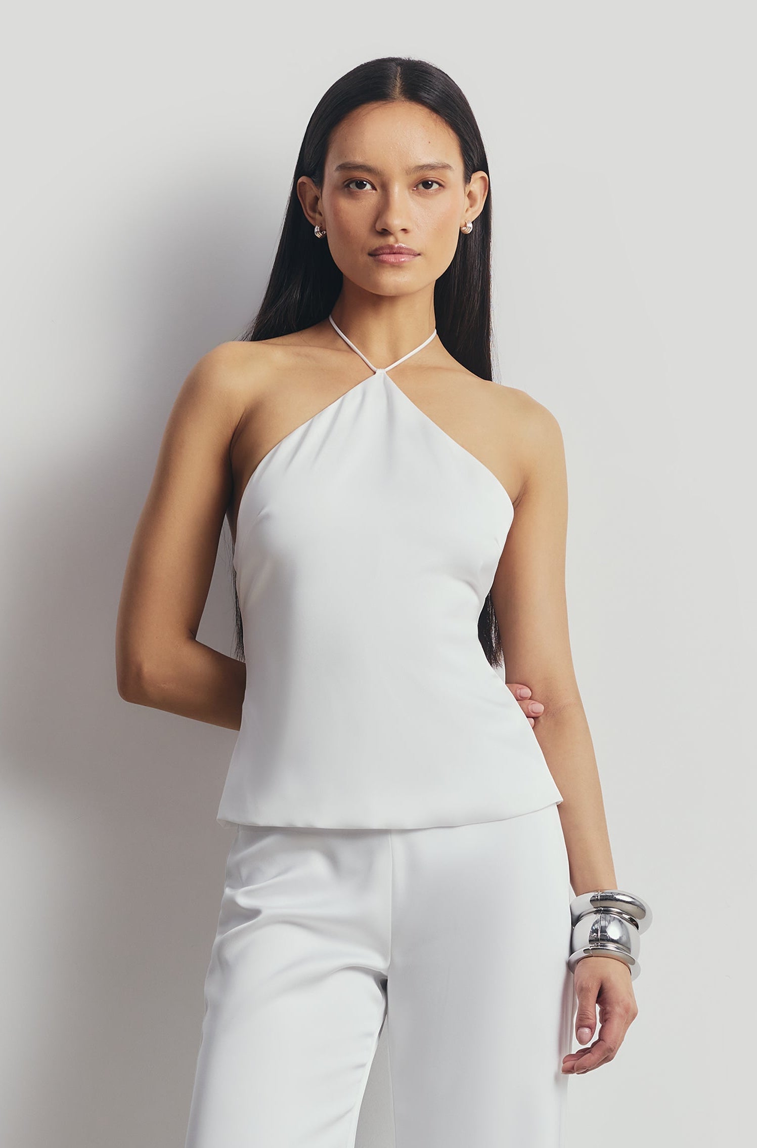 Tailored Satin Halterneck Top - White