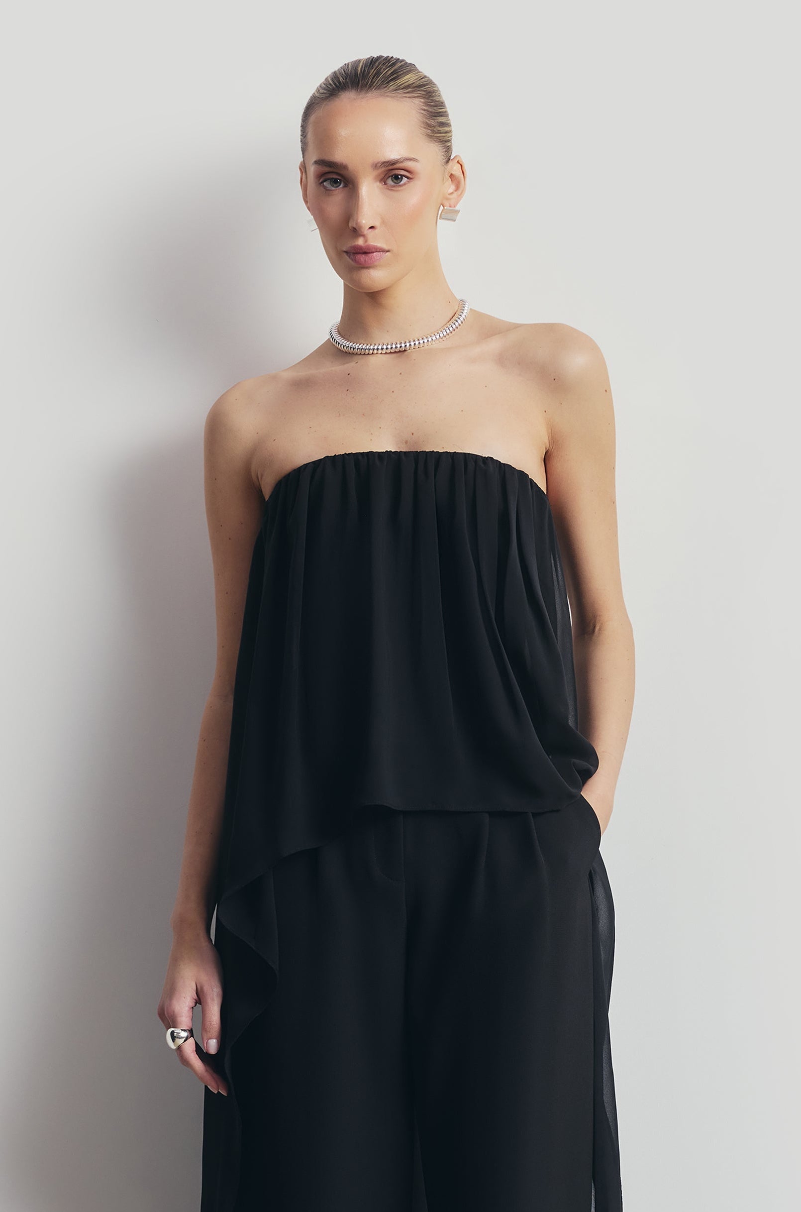 Strapless Chiffon Layered Corset Top - Black