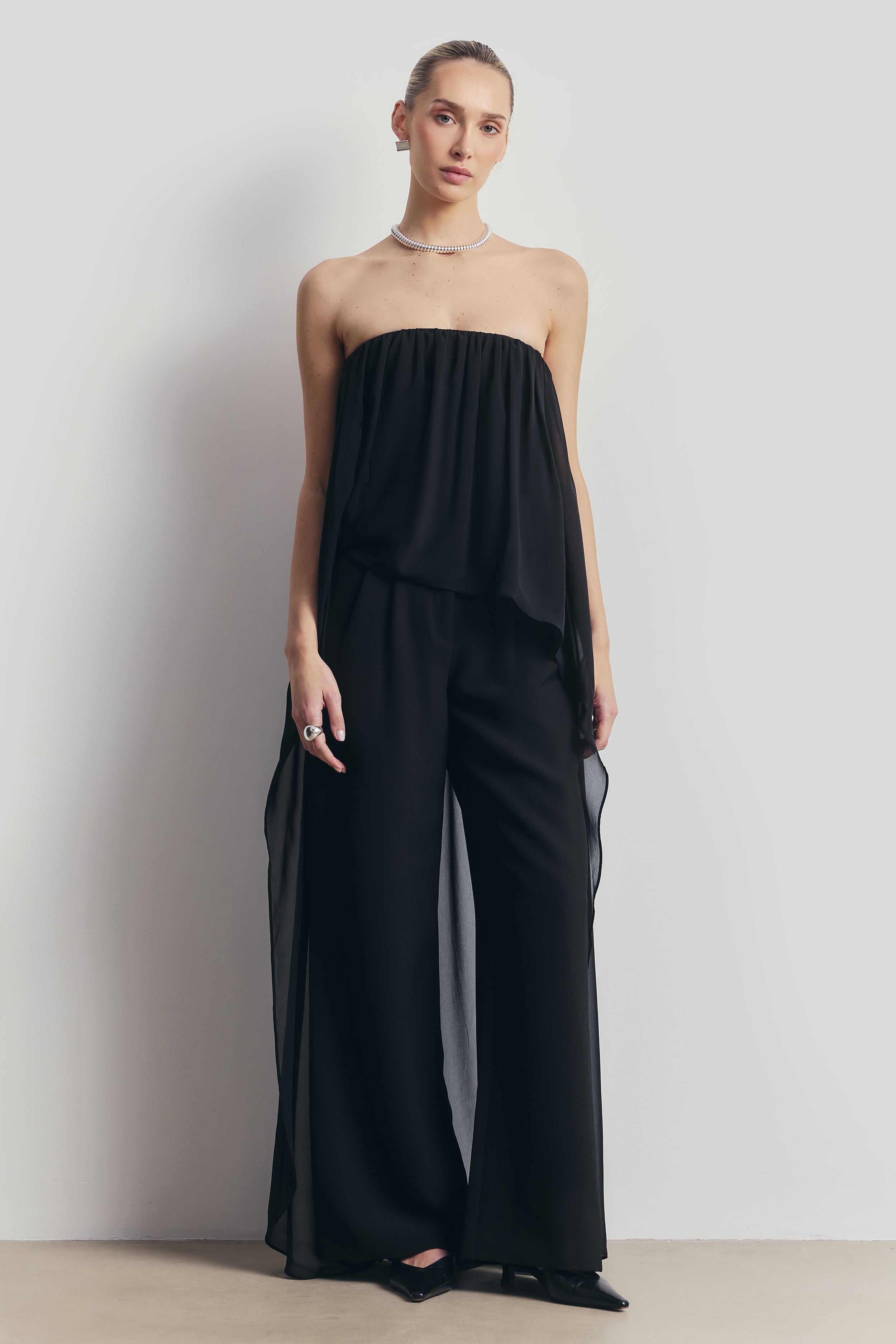 Strapless Chiffon Layered Corset Top - Black