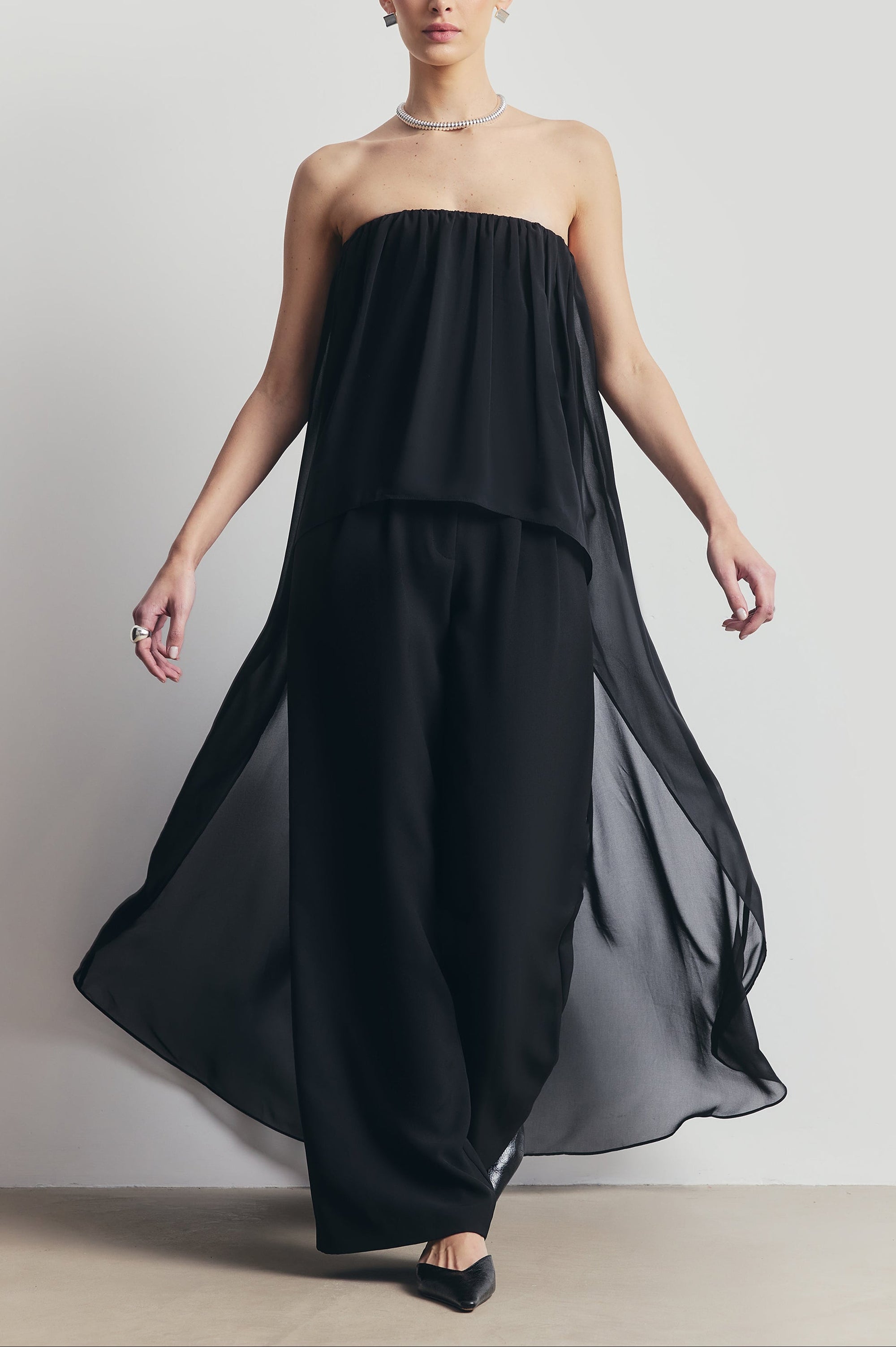 Strapless Chiffon Layered Corset Top - Black