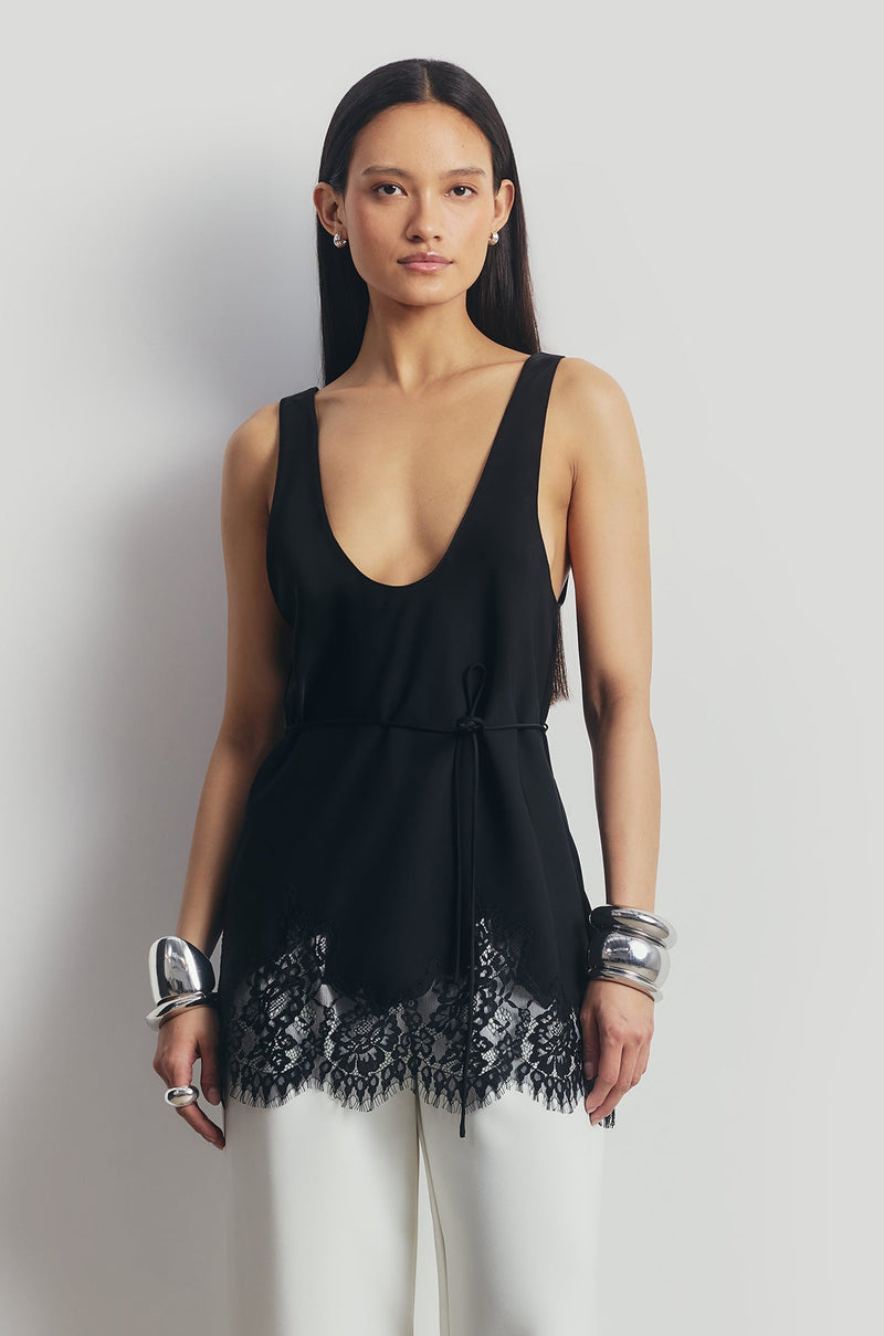 Lace Hem Scoop Neck Longline Top - Black