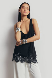 Lace Hem Scoop Neck Longline Top - Black