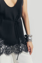 Lace Hem Scoop Neck Longline Top - Black