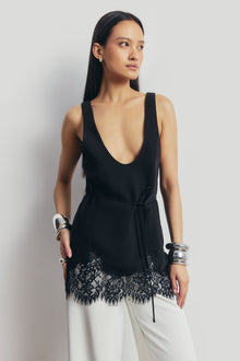 Lace Hem Scoop Neck Longline Top - Black