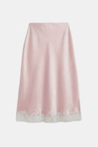 Satin Lace Detail Midi Skirt - Blush/White