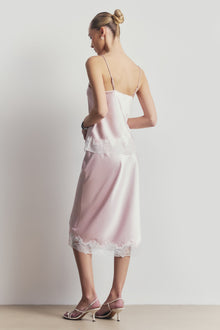 Satin Lace Detail Midi Skirt - Blush/White