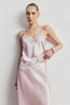 Satin Lace Detail Midi Skirt - Blush/White